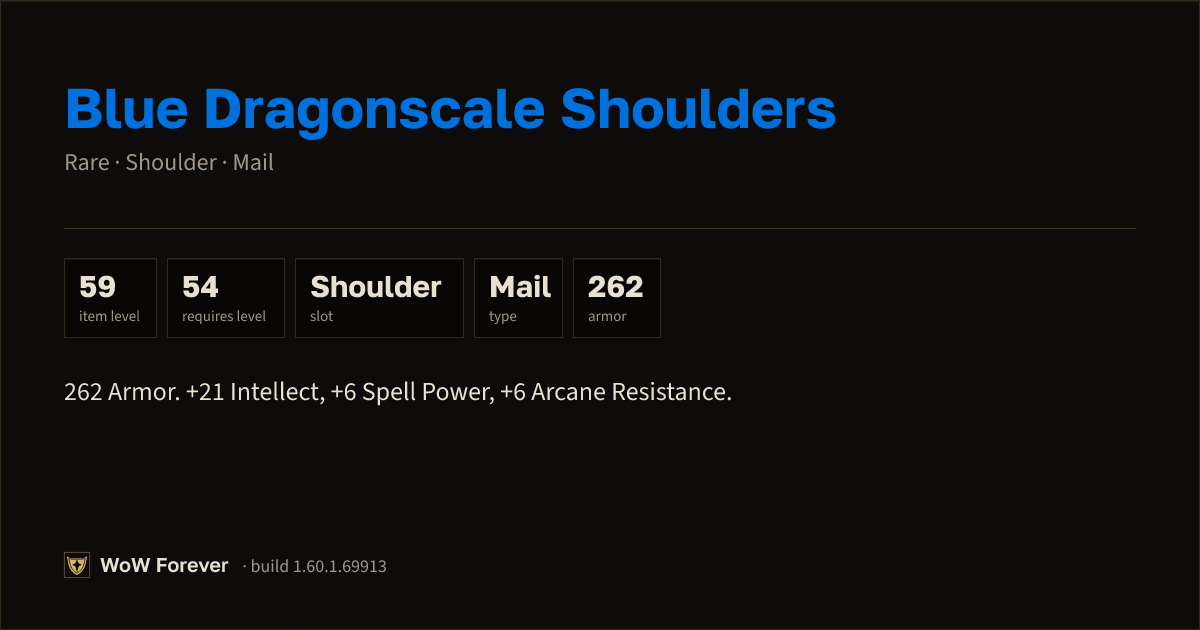 The preview card for Blue Dragonscale Shoulders - Rare Mail Shoulder