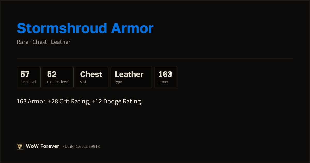 The preview card for Stormshroud Armor - Rare Leather Chest