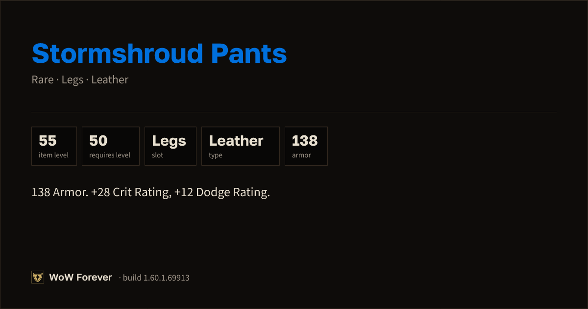 The preview card for Stormshroud Pants - Rare Leather Legs