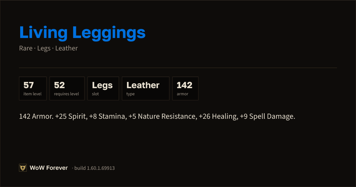 The preview card for Living Leggings - Rare Leather Legs, Item Level 57