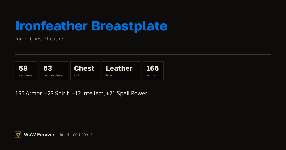 The preview card for Ironfeather Breastplate - Rare Leather Chest