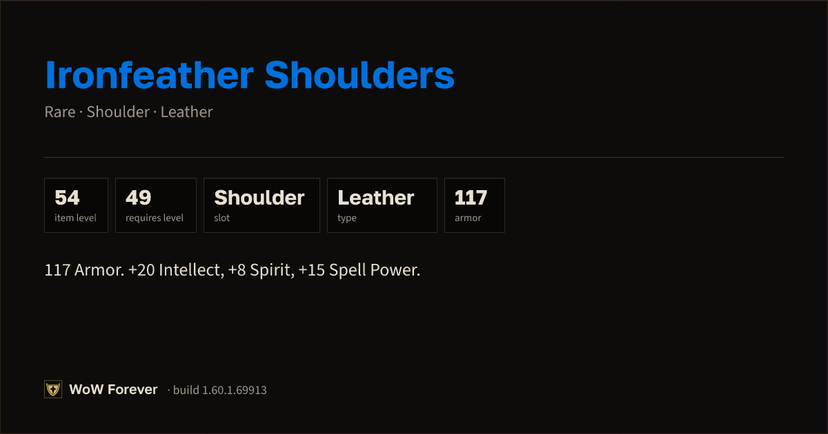 The preview card for Ironfeather Shoulders - Rare Leather Shoulder