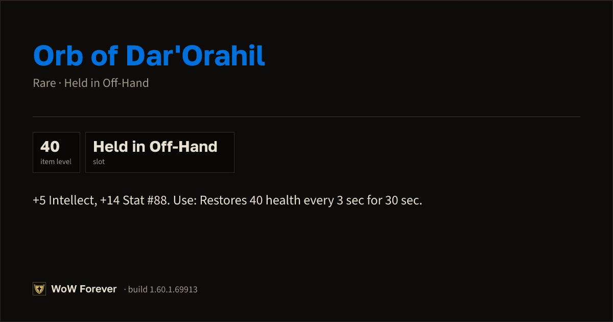 The preview card for Orb of Dar'Orahil - Rare Off-Hand Item