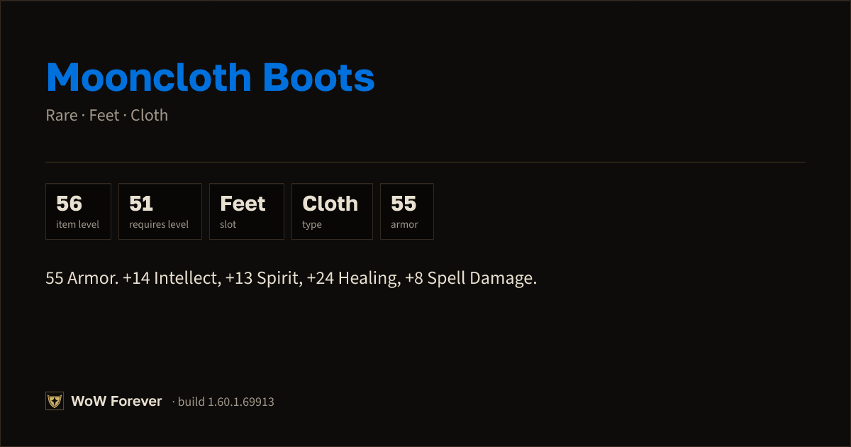 The preview card for Mooncloth Boots - Rare Cloth Feet, Item Level 56