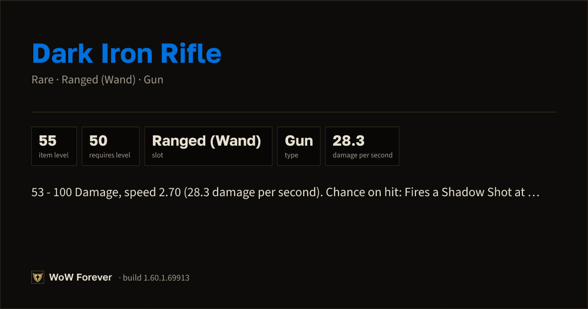 The preview card for Dark Iron Rifle - Rare Gun, Item Level 55