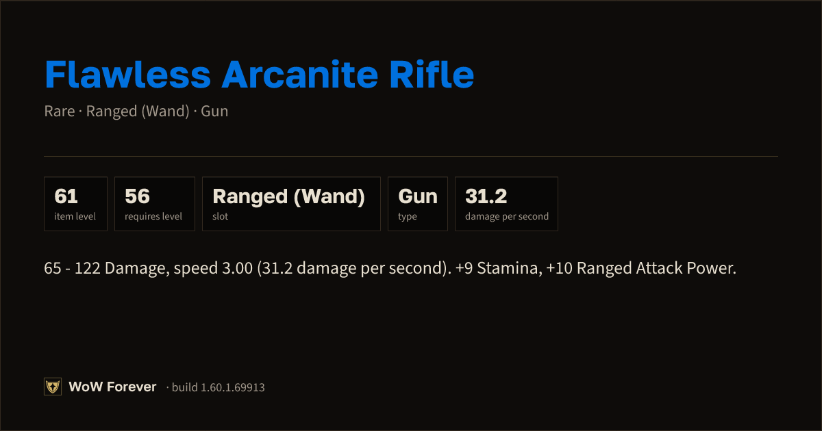 The preview card for Flawless Arcanite Rifle - Rare Gun, Item Level 61
