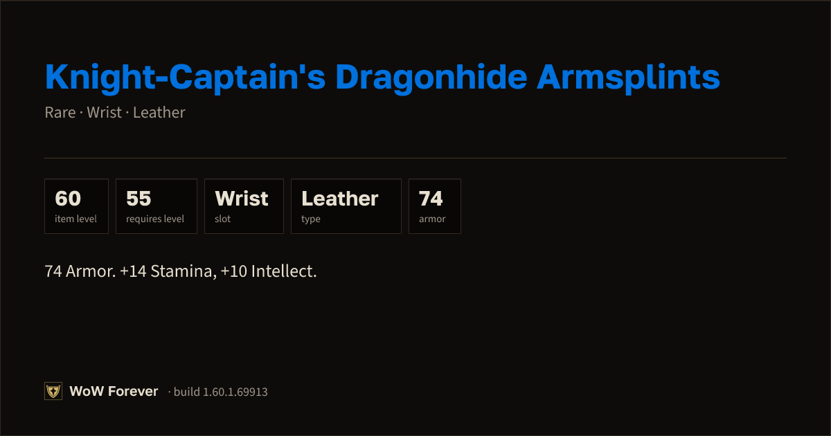 The preview card for Knight-Captain's Dragonhide Armsplints - WoW Forever Item