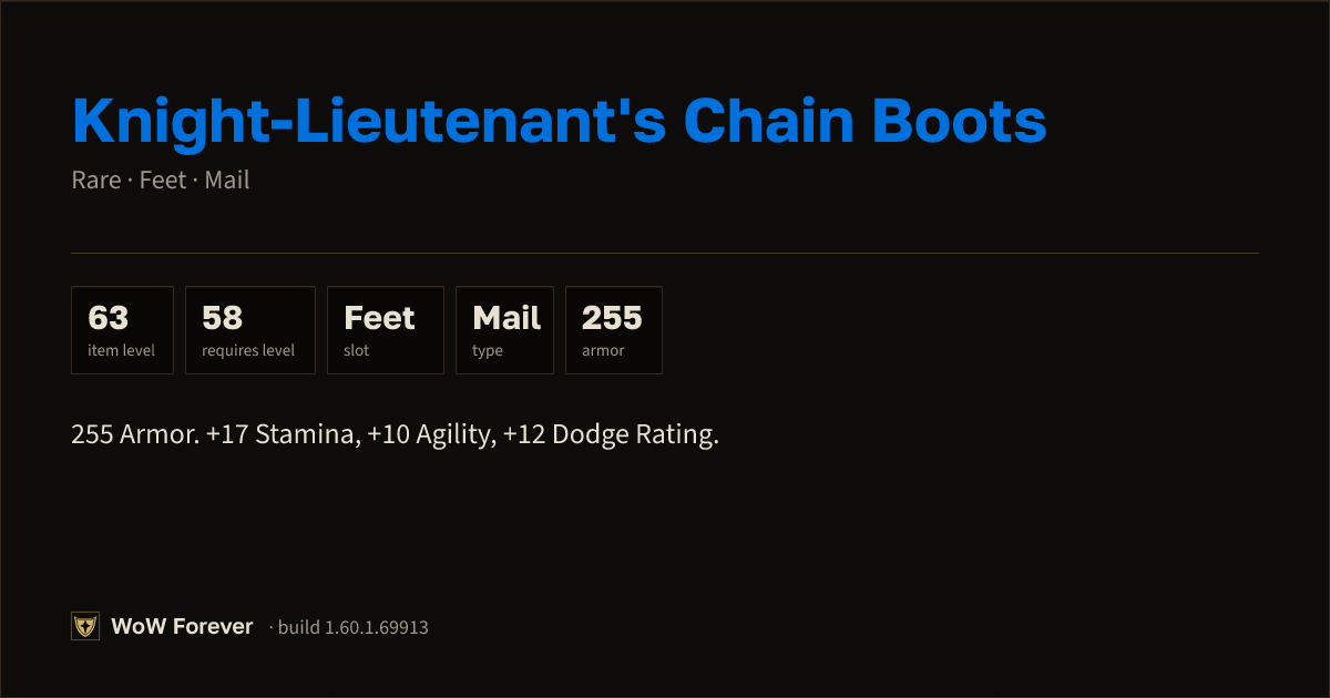 The preview card for Knight-Lieutenant's Chain Boots - Rare Mail Feet