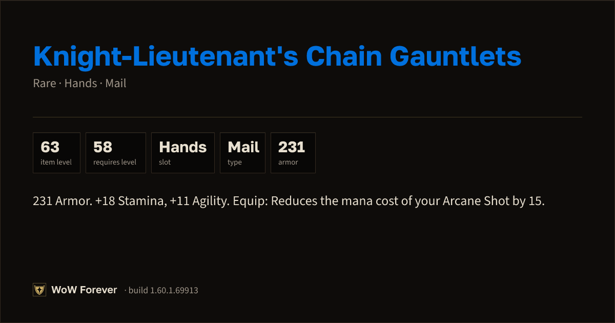 The preview card for Knight-Lieutenant's Chain Gauntlets - WoW Forever Item