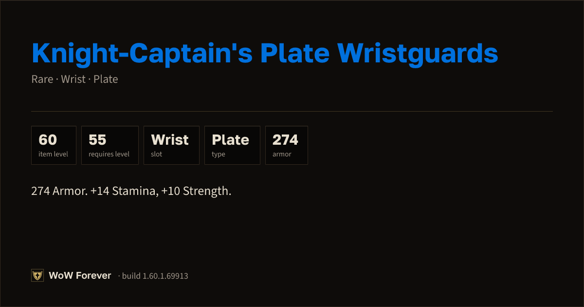The preview card for Knight-Captain's Plate Wristguards - WoW Forever Item