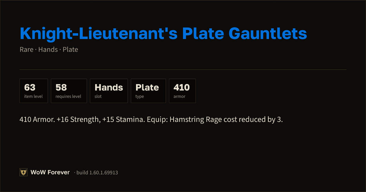 The preview card for Knight-Lieutenant's Plate Gauntlets (Item level 63)