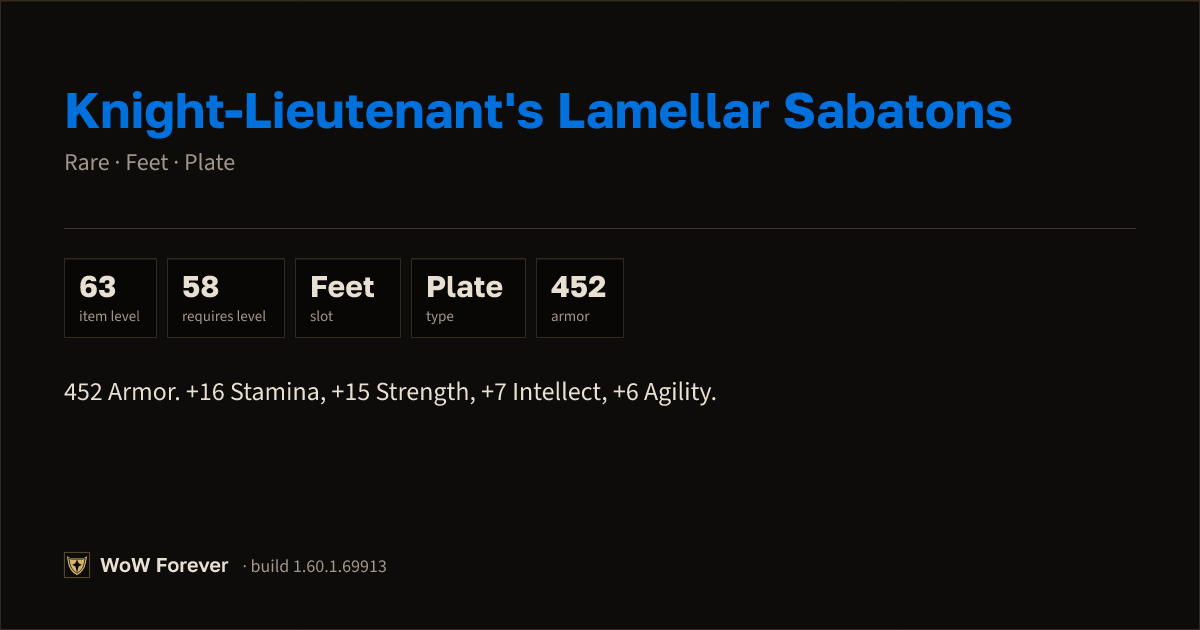 The preview card for Knight-Lieutenant's Lamellar Sabatons (Item level 63)