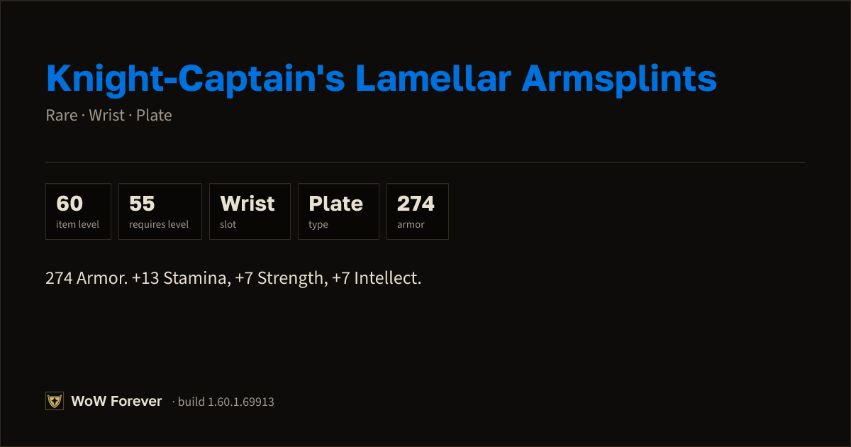 The preview card for Knight-Captain's Lamellar Armsplints - WoW Forever Item