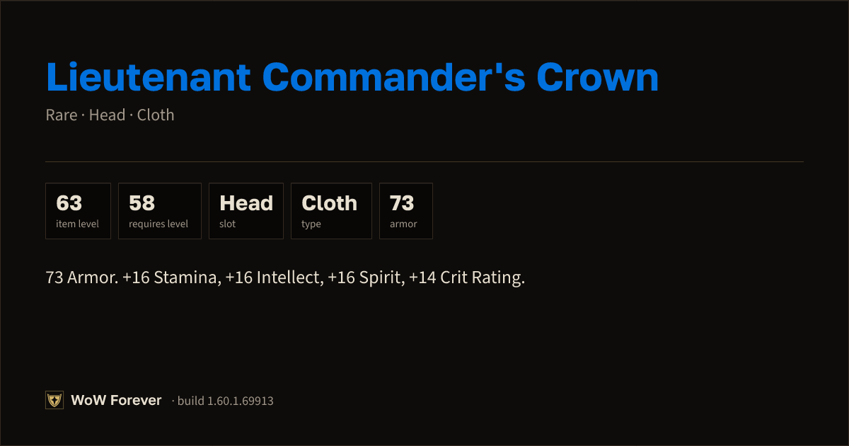 The preview card for Lieutenant Commander's Crown - Rare Cloth Head