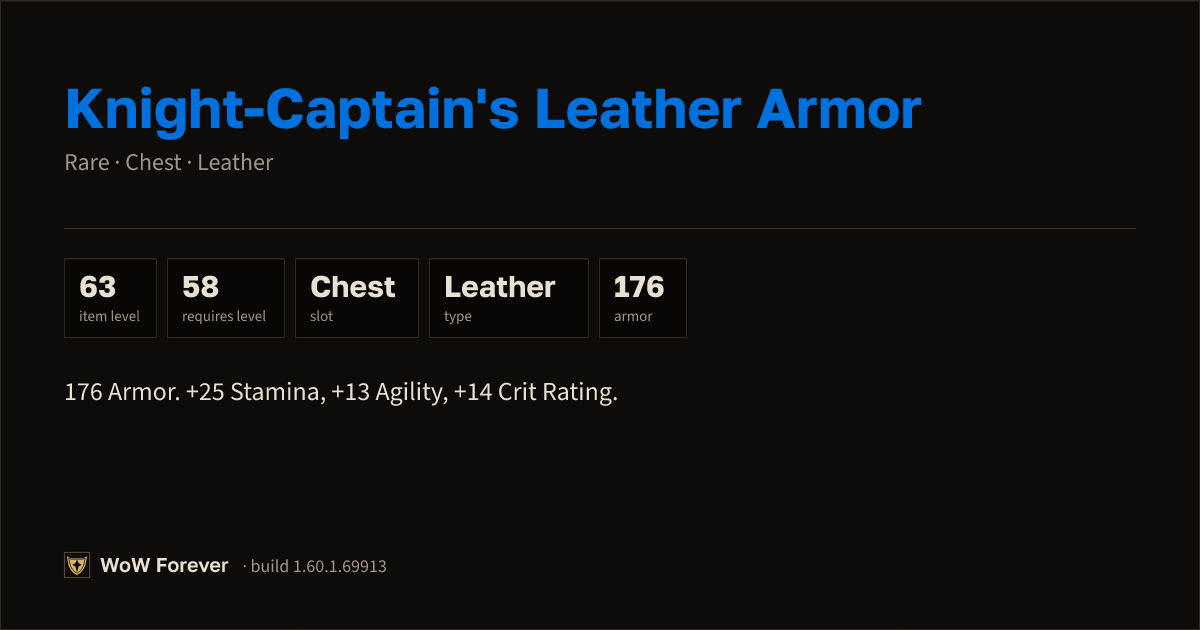 The preview card for Knight-Captain's Leather Armor - Rare Leather Chest