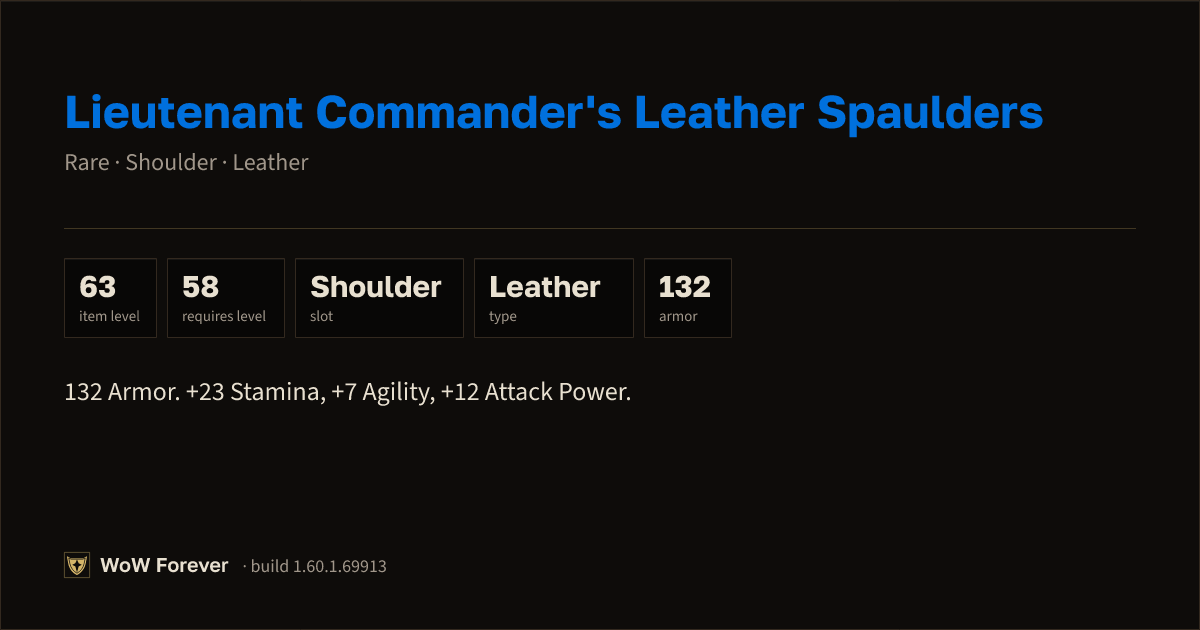 The preview card for Lieutenant Commander's Leather Spaulders - WoW Forever Item