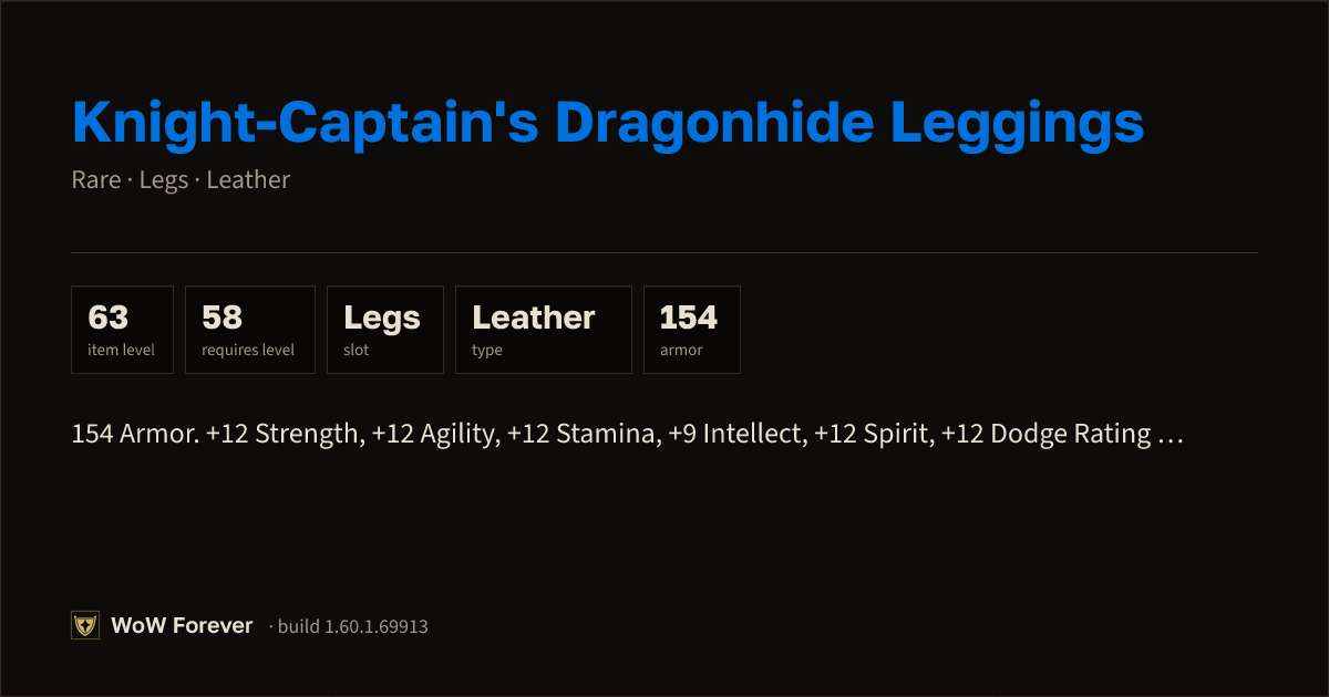 The preview card for Knight-Captain's Dragonhide Leggings (Item level 63)