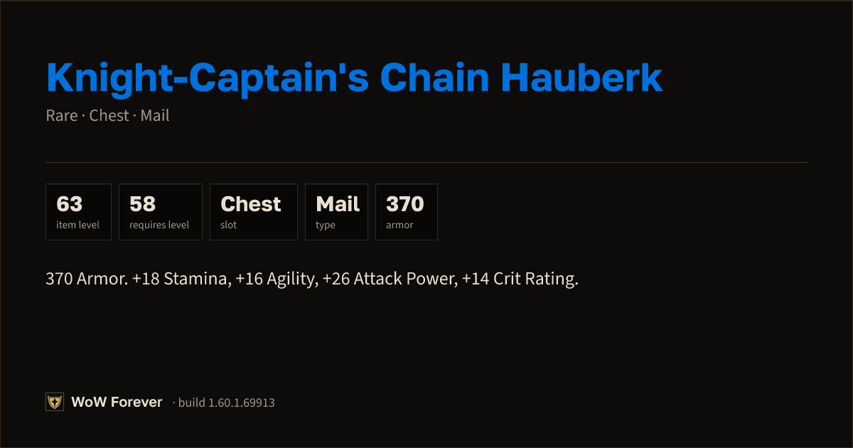 The preview card for Knight-Captain's Chain Hauberk (Item level 63)