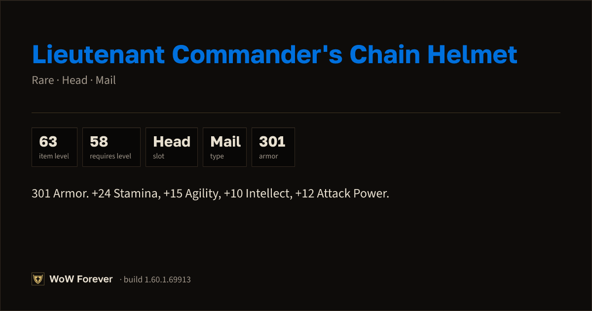 The preview card for Lieutenant Commander's Chain Helmet - WoW Forever Item