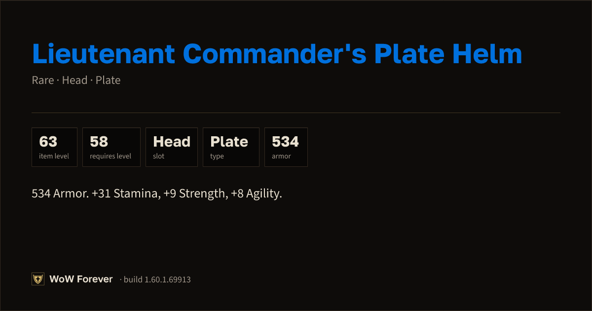 The preview card for Lieutenant Commander's Plate Helm (Item level 63)