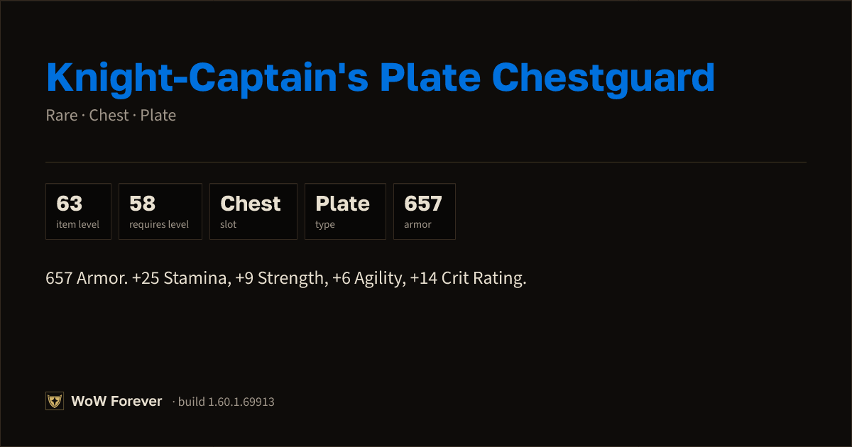 The preview card for Knight-Captain's Plate Chestguard - WoW Forever Item
