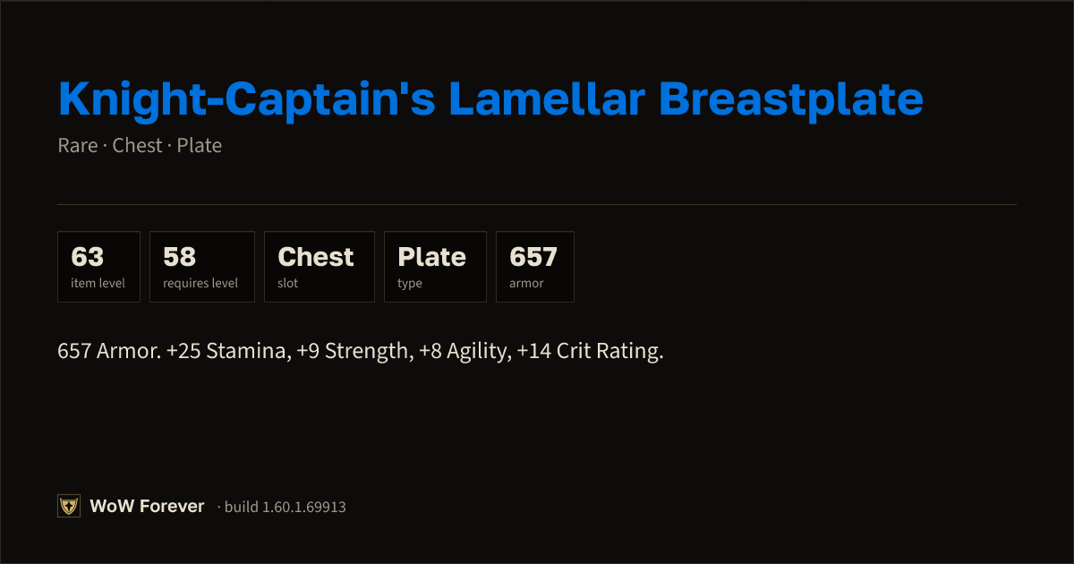 The preview card for Knight-Captain's Lamellar Breastplate (Item level 63)