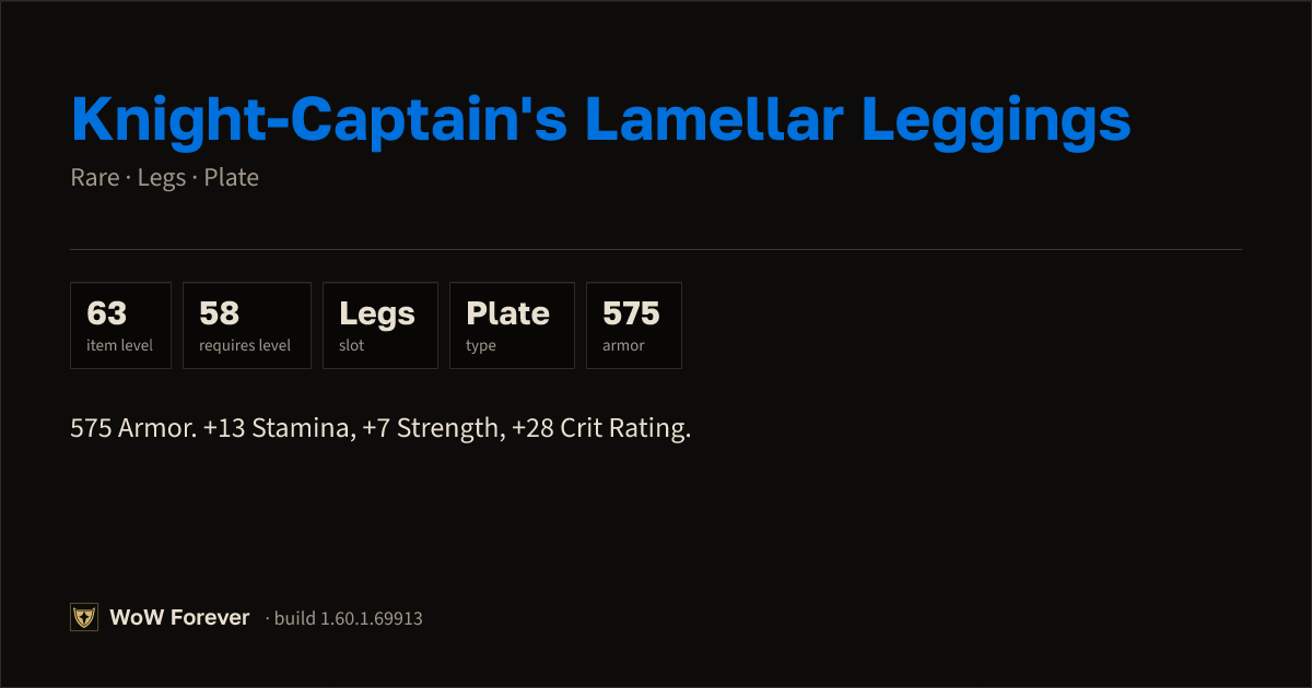 The preview card for Knight-Captain's Lamellar Leggings (Item level 63)