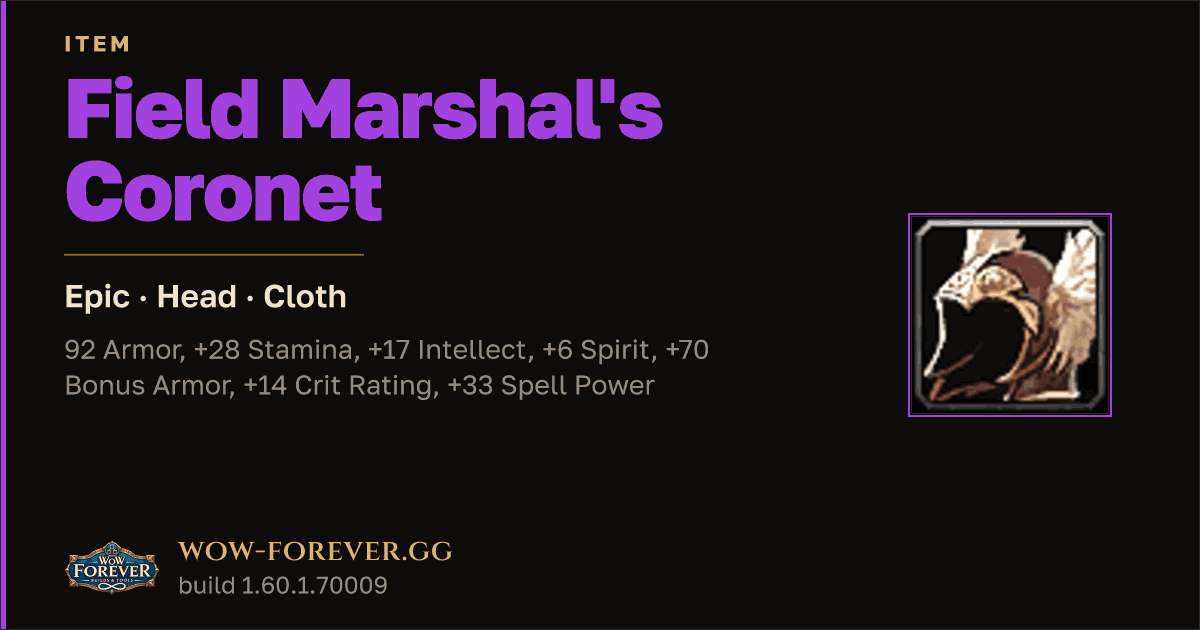 The preview card for Field Marshal's Coronet - Epic Cloth Head