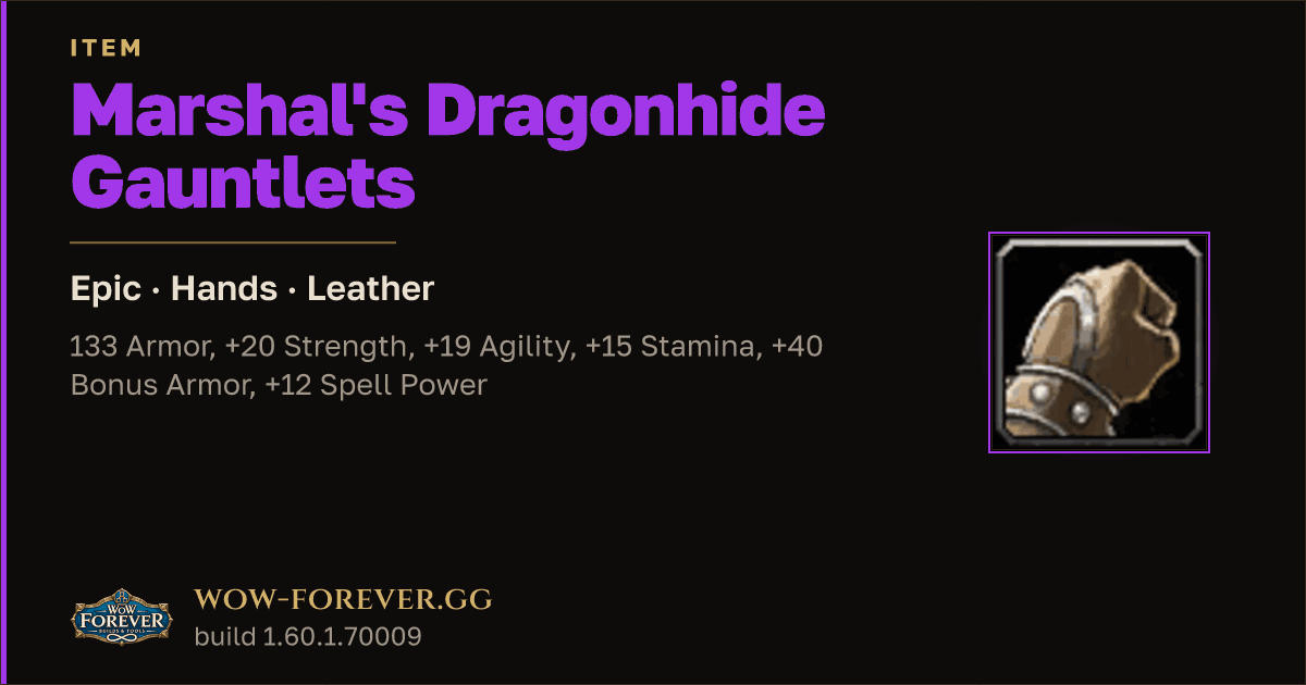 The preview card for Marshal's Dragonhide Gauntlets - Epic Leather Hands