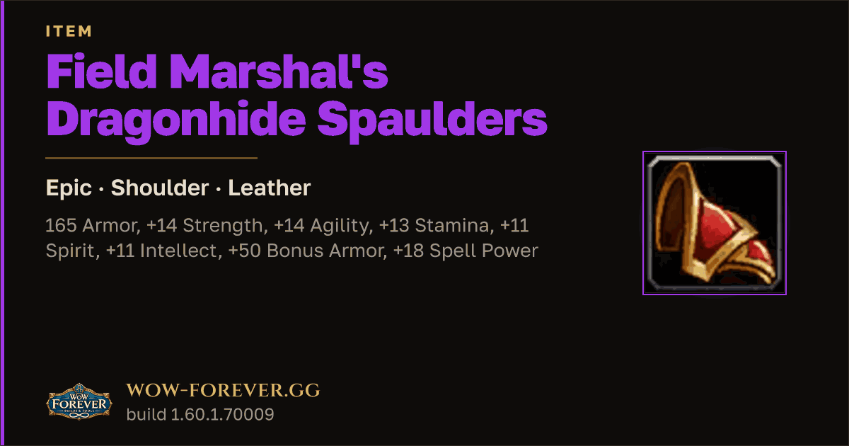 The preview card for Field Marshal's Dragonhide Spaulders - WoW Forever Item