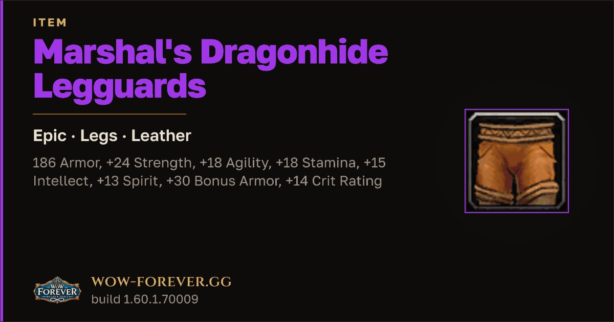 The preview card for Marshal's Dragonhide Legguards - Epic Leather Legs