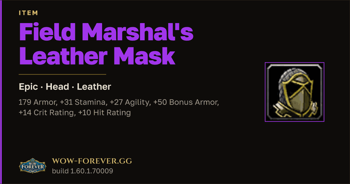 The preview card for Field Marshal's Leather Mask - Epic Leather Head