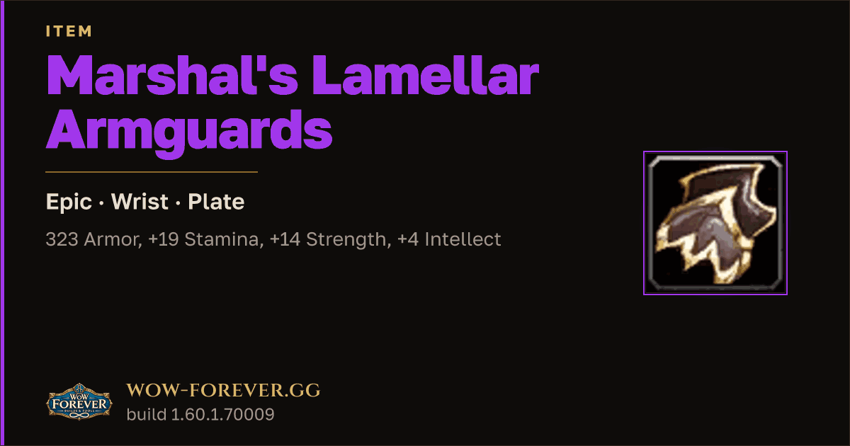 The preview card for Marshal's Lamellar Armguards - Epic Plate Wrist