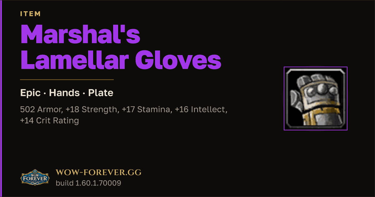 The preview card for Marshal's Lamellar Gloves - Epic Plate Hands