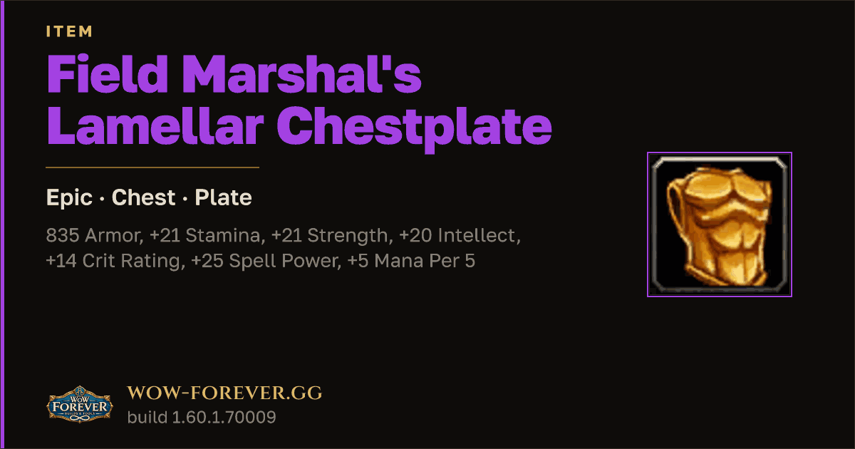 The preview card for Field Marshal's Lamellar Chestplate - WoW Forever Item