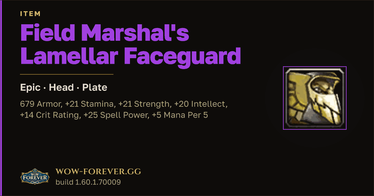 The preview card for Field Marshal's Lamellar Faceguard - WoW Forever Item
