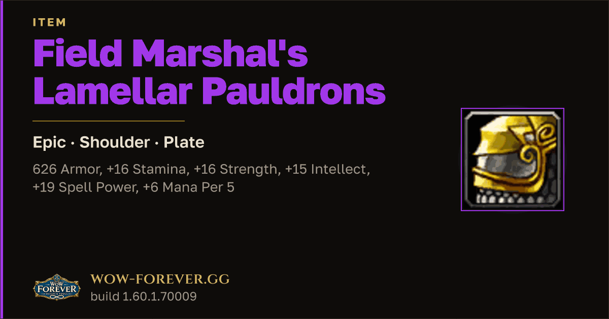The preview card for Field Marshal's Lamellar Pauldrons - WoW Forever Item