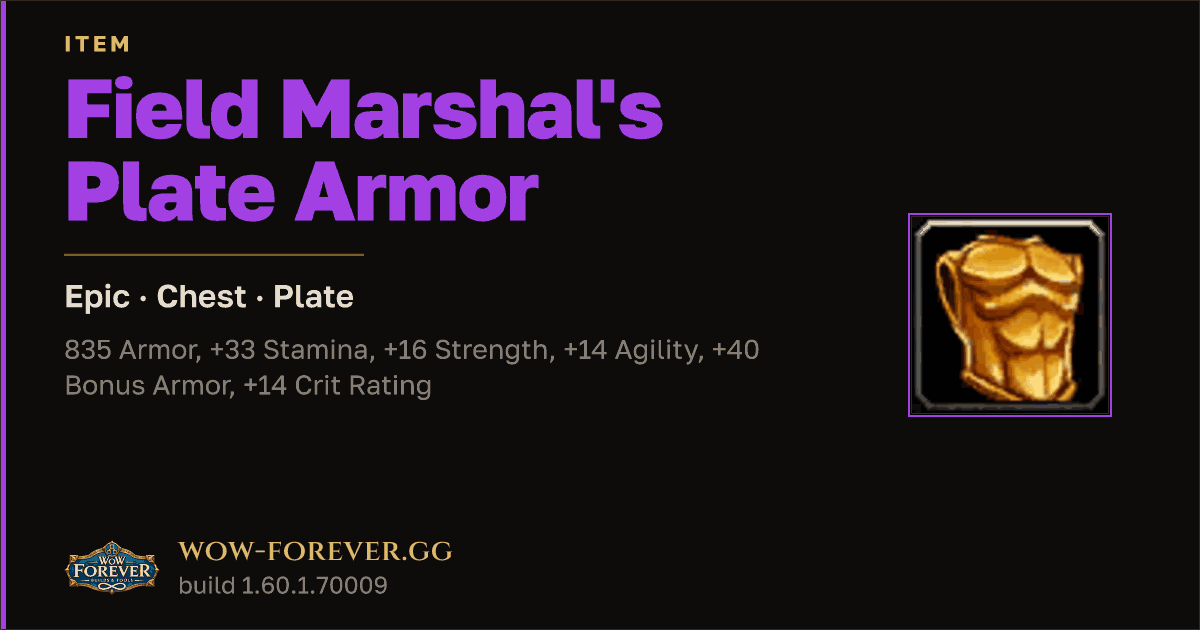 The preview card for Field Marshal's Plate Armor - Epic Plate Chest