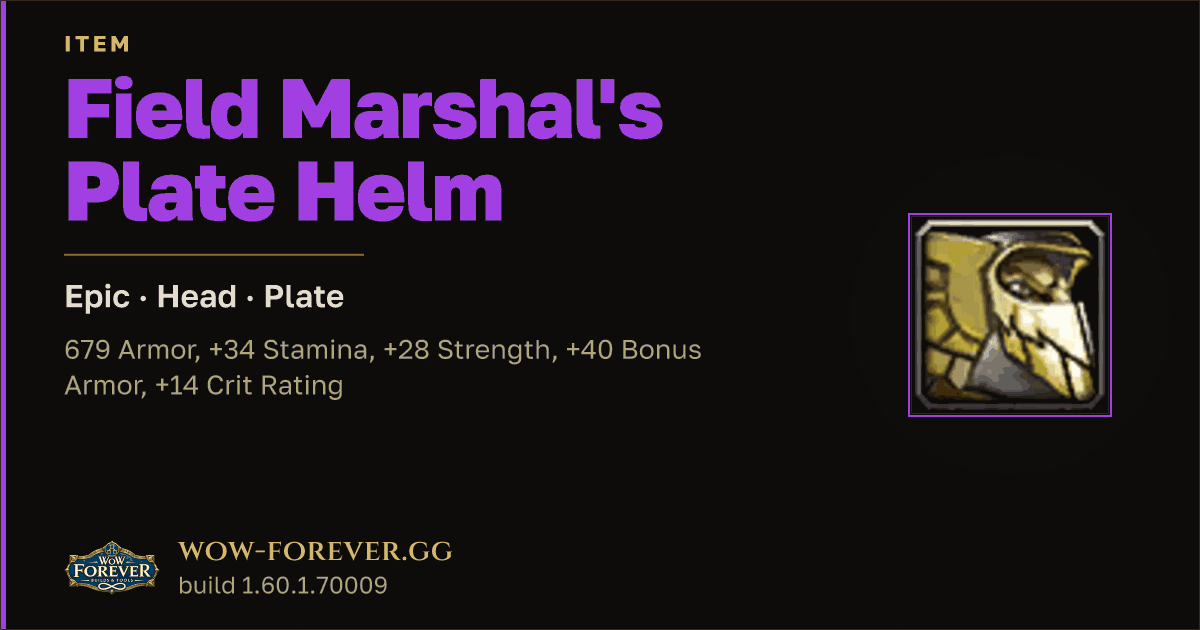 The preview card for Field Marshal's Plate Helm - Epic Plate Head