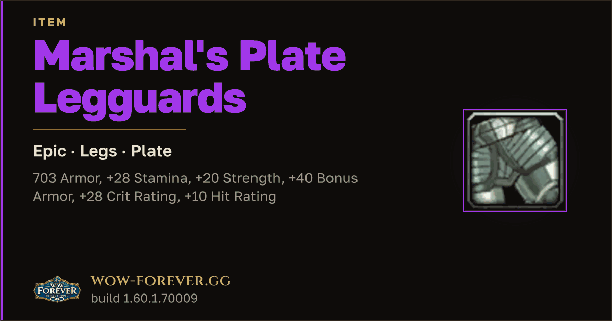 The preview card for Marshal's Plate Legguards - Epic Plate Legs
