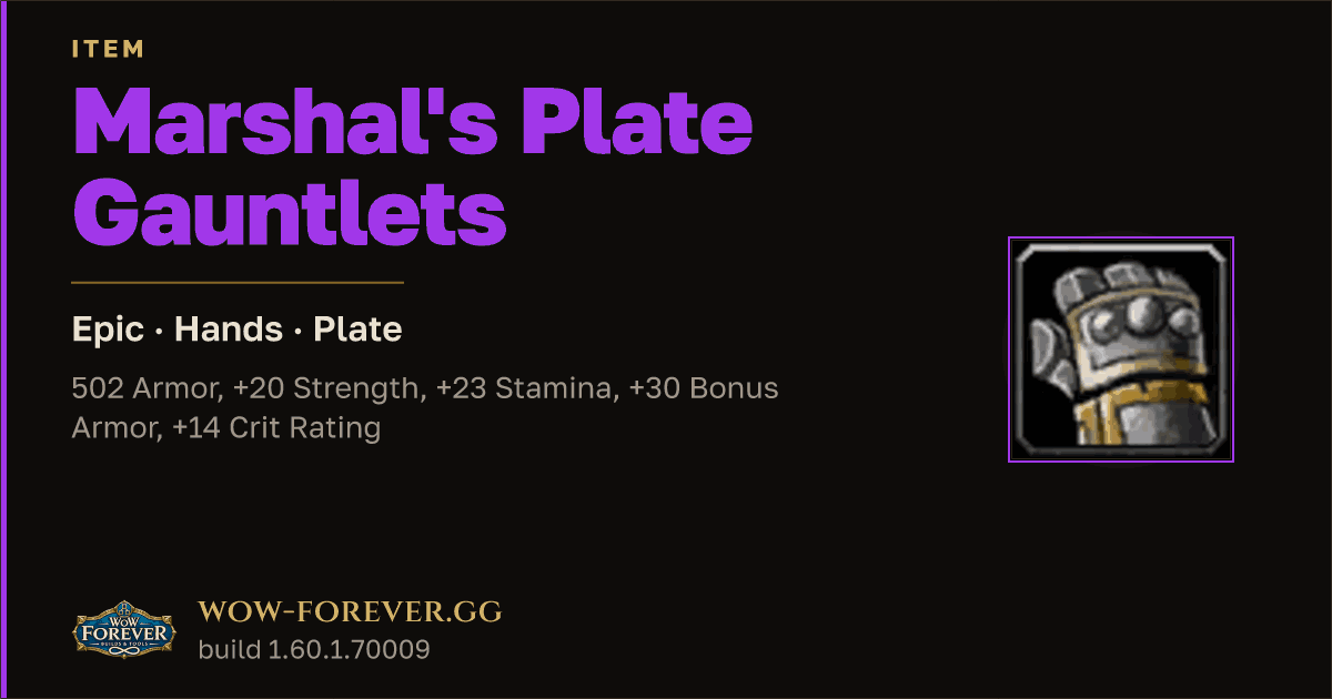 The preview card for Marshal's Plate Gauntlets - Epic Plate Hands