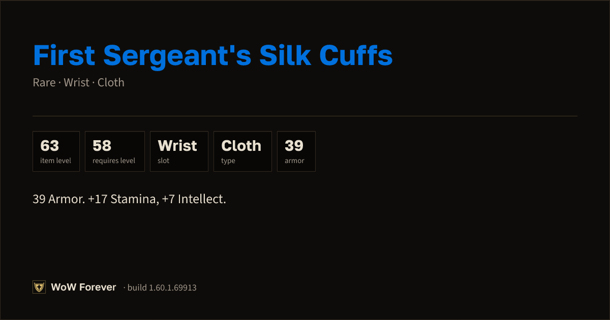 The preview card for First Sergeant's Silk Cuffs (Item level 63)