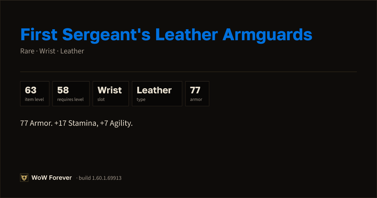 The preview card for First Sergeant's Leather Armguards (Item level 63)