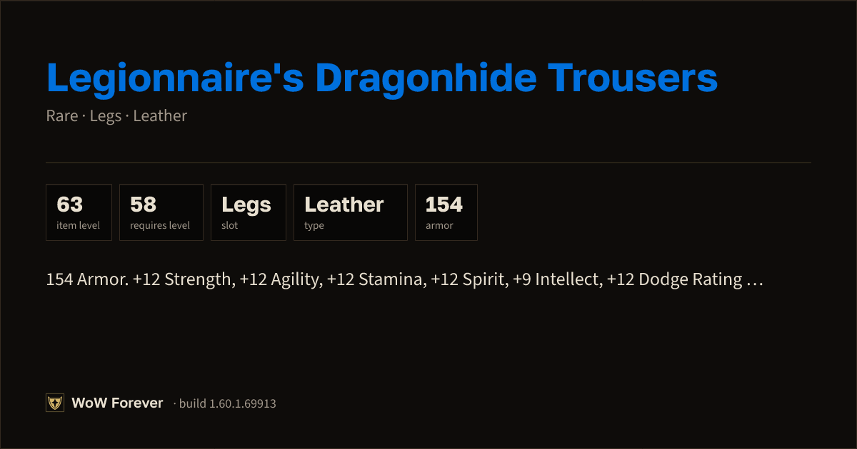 The preview card for Legionnaire's Dragonhide Trousers - WoW Forever Item