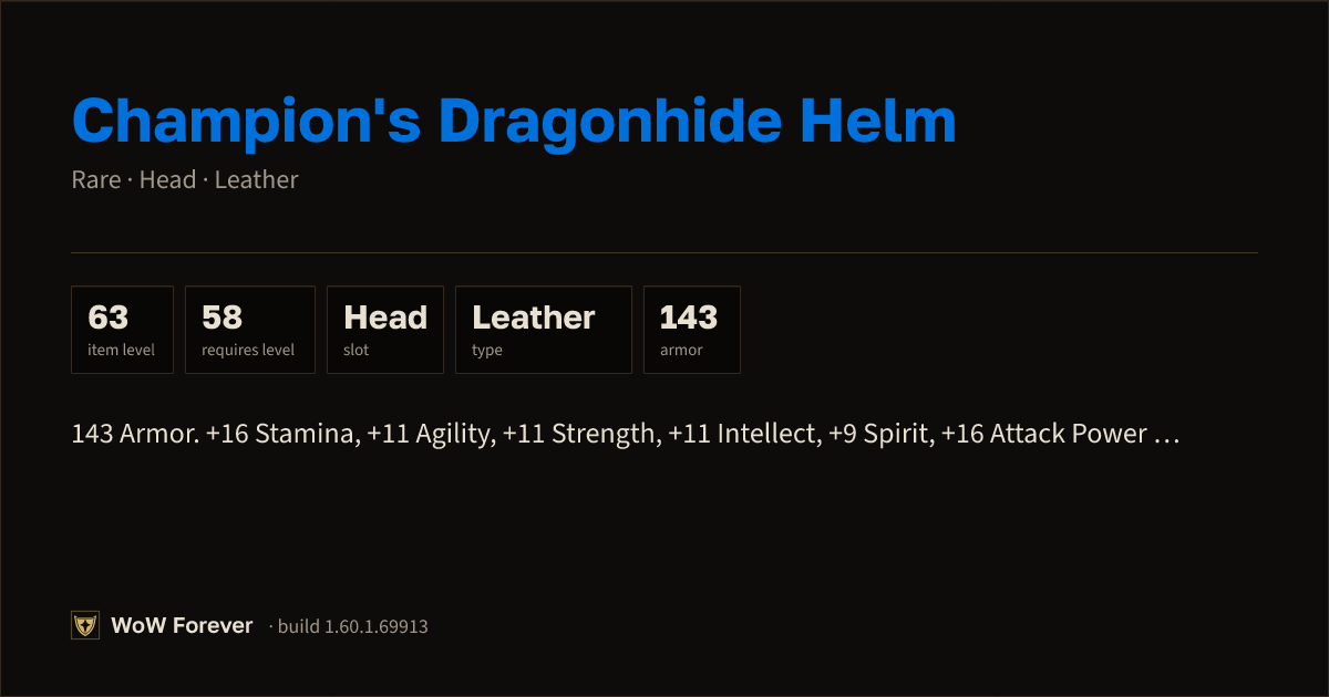 The preview card for Champion's Dragonhide Helm - Rare Leather Head
