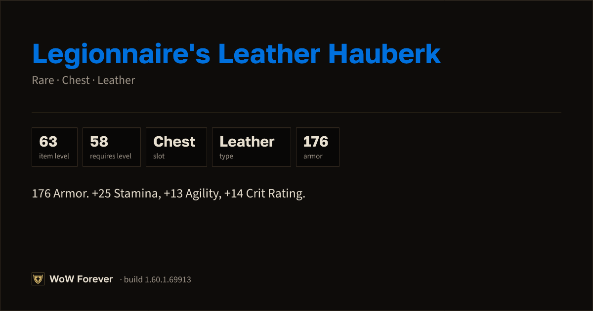 The preview card for Legionnaire's Leather Hauberk - Rare Leather Chest