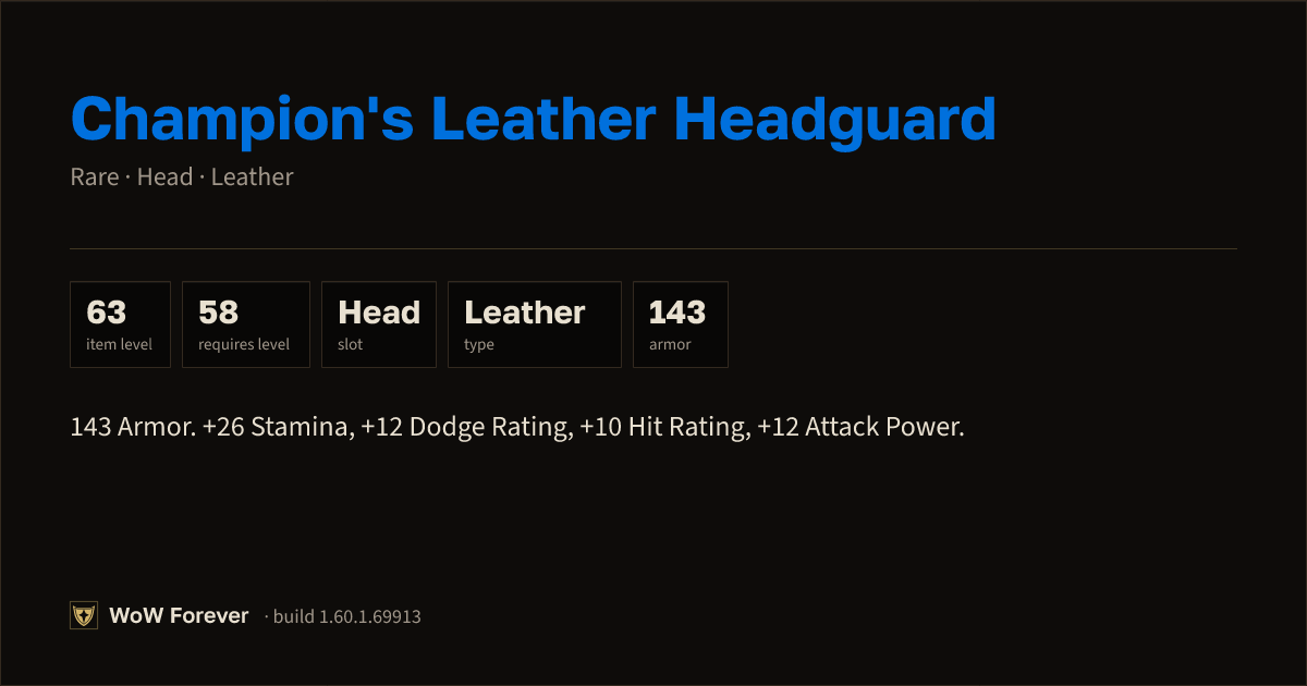 The preview card for Champion's Leather Headguard - Rare Leather Head