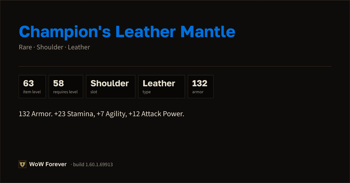 The preview card for Champion's Leather Mantle - Rare Leather Shoulder