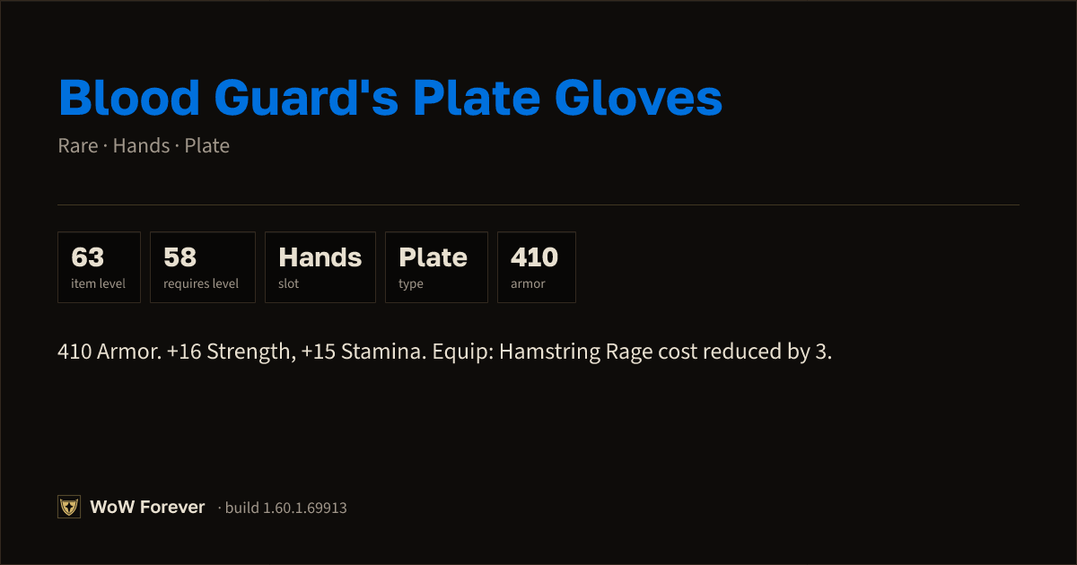 The preview card for Blood Guard's Plate Gloves - Rare Plate Hands