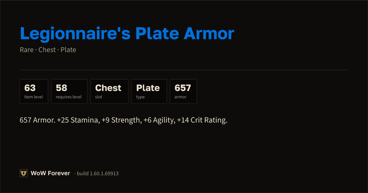 The preview card for Legionnaire's Plate Armor - Rare Plate Chest